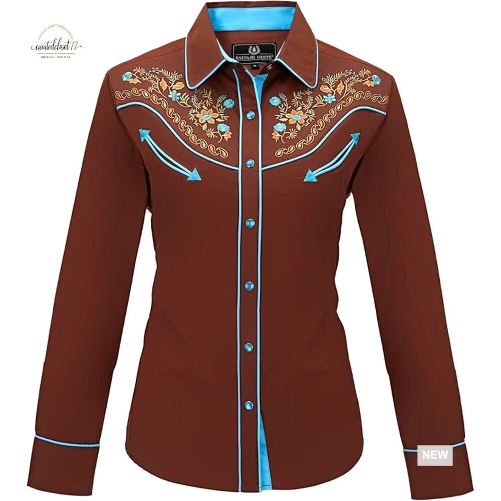 Western Embroidered Snap Button Down Shirt Long Sleeve Cotton Blouse